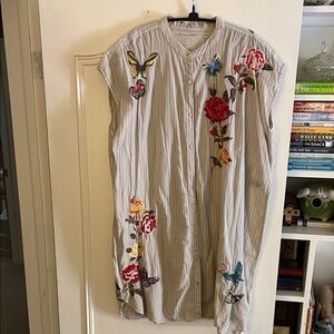 Johnny Was Beige Striped Embroidered Top